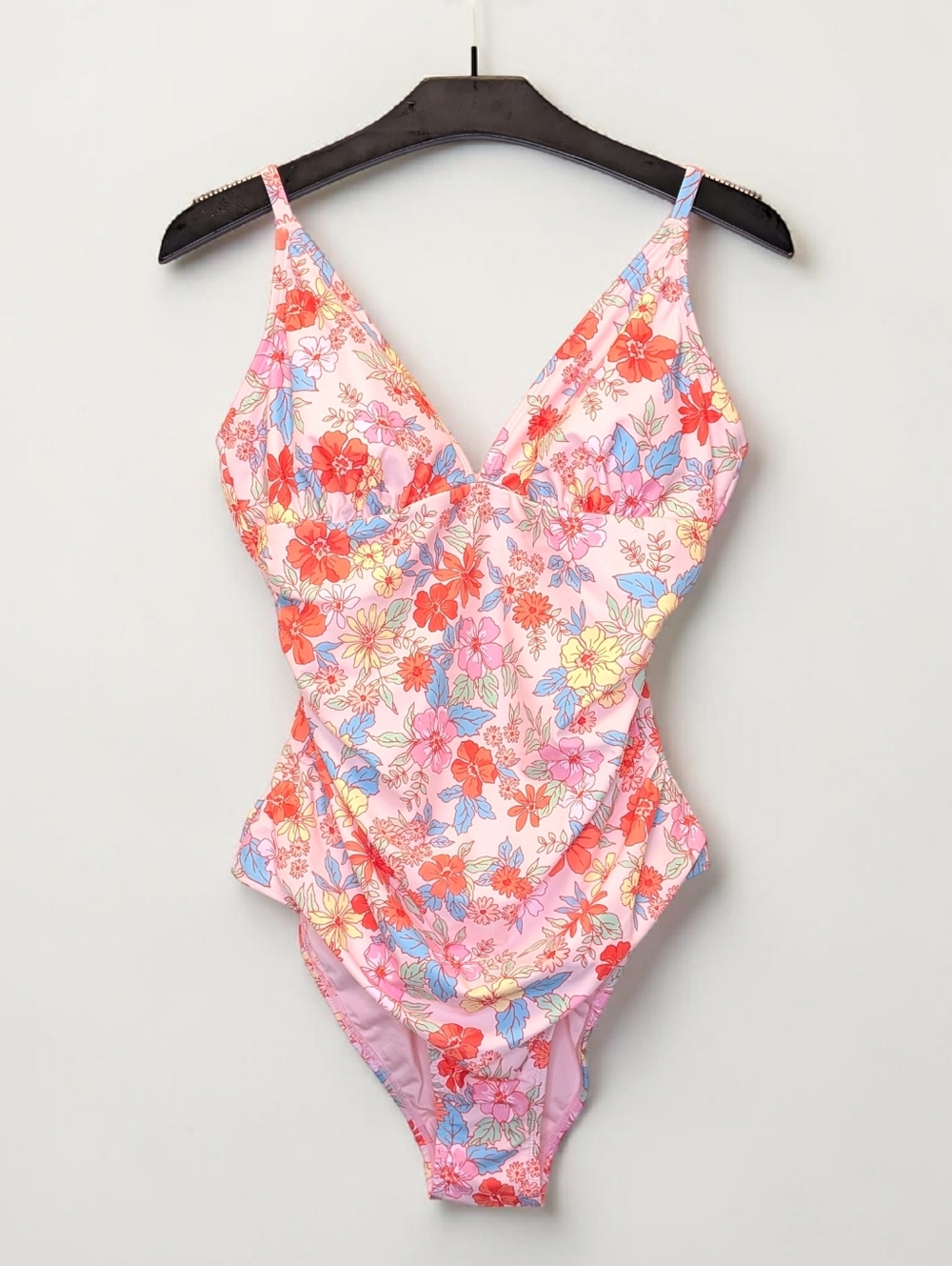 Cupshe Floral Ruched One Piece Swimsuit Tummy Control Bright Pink Orange NWT L